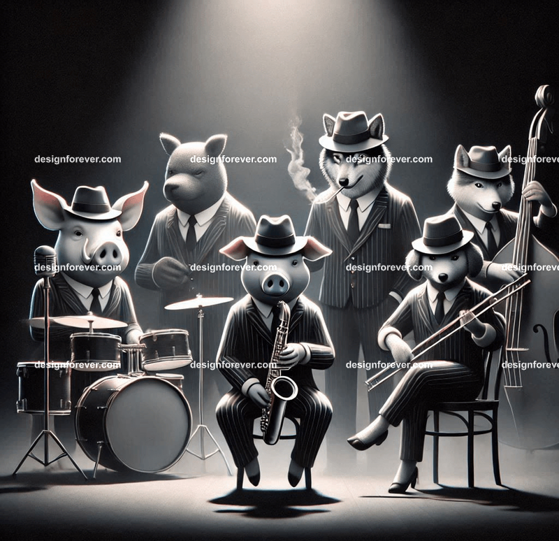 Anthropomorphs pigs and wolves as 1920s jazz musicians with suits, fedoras, and instruments in dark smoky room
