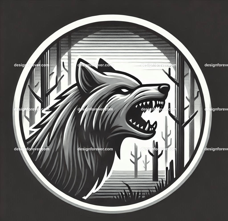 round frame depicting A wolf baring its teeth in a creepy forest with dead trees