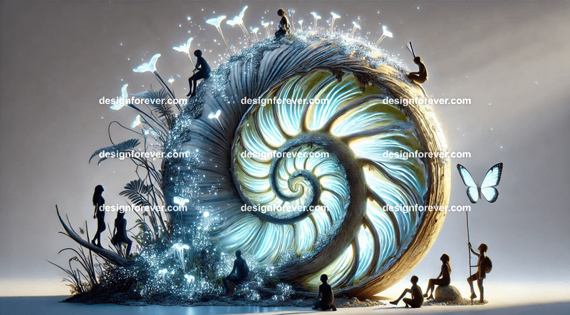 A community of fairies living inside a giant, spiraling snail shell, its surface glowing with bioluminescent patterns