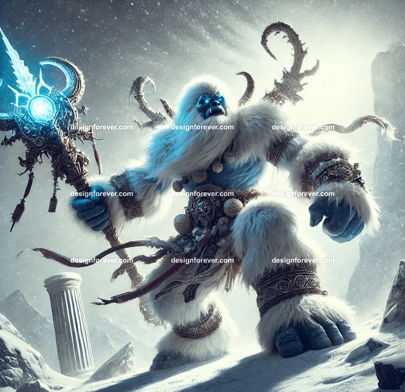 Yeti in ceremonial armor, holding a massive frost