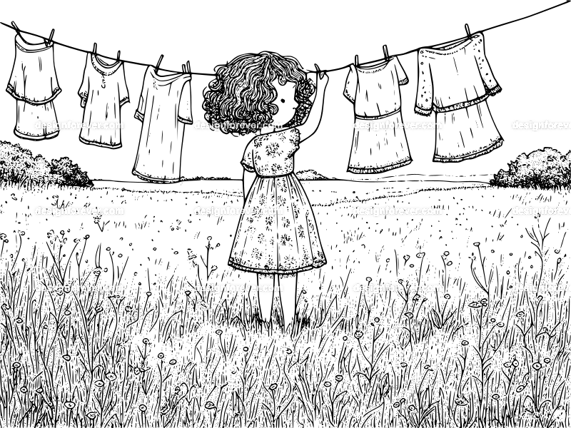 girl hanging clothes to dry in countryside