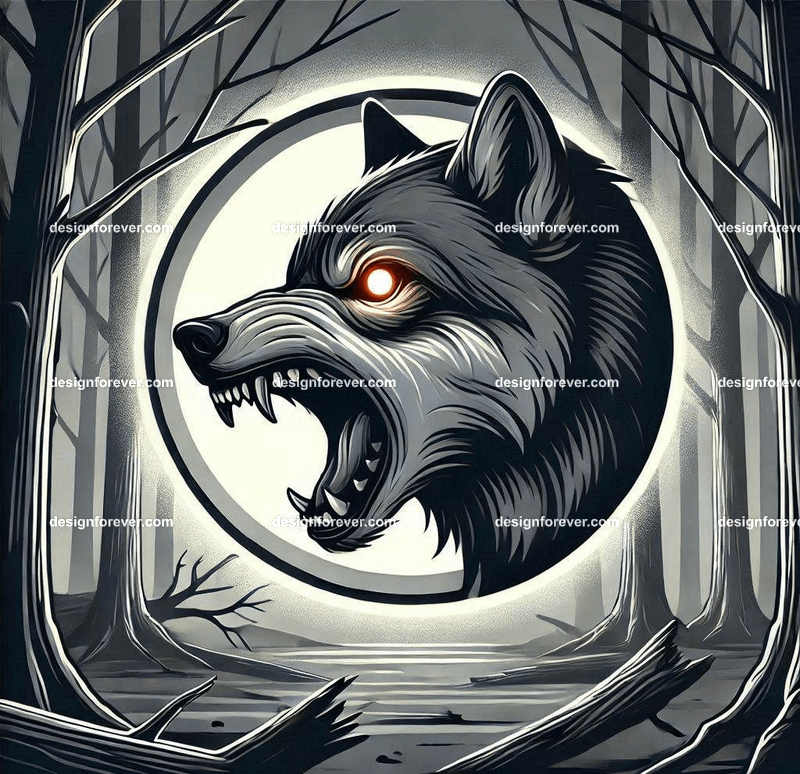 A wolf baring its teeth in a creepy forest with dead trees, barely visible except for its bright eye enclosed within perfect circle