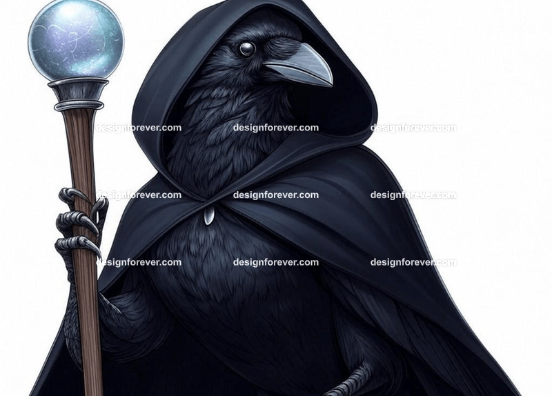Mysterious raven in a dark hooded cloak