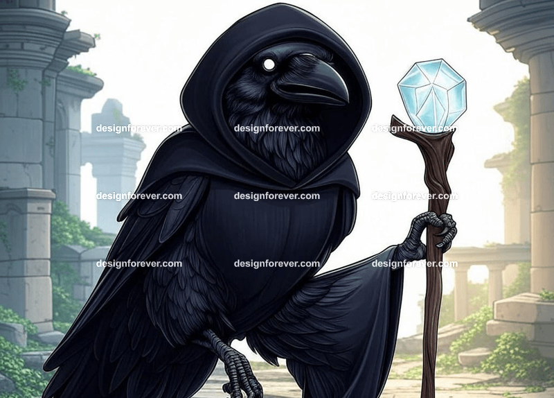 Mysterious raven in a dark hooded cloak