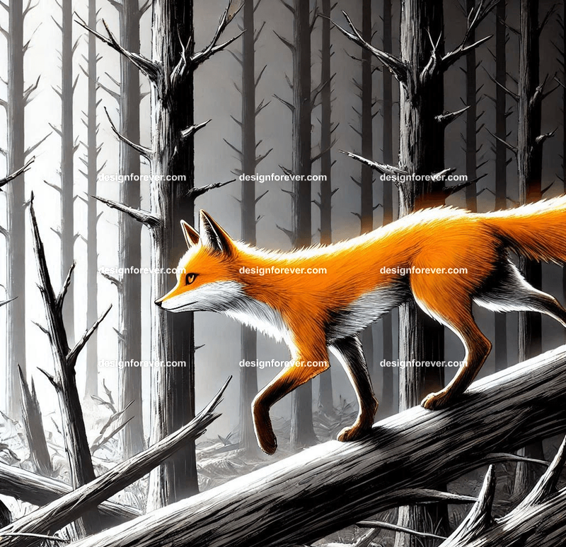 A fox navigating a creep black and white forest and dead trees