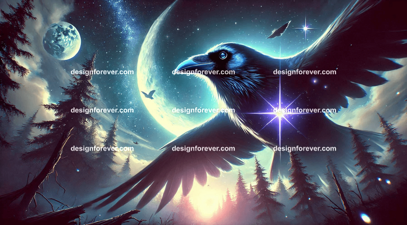 A raven with a star glowing in its beak, flying through a twilight sky over a mystical forest