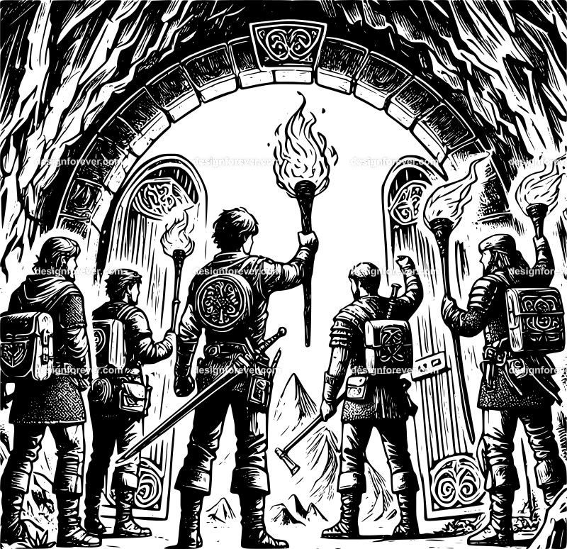 5 adventurers opening stone gates to cave and holding torches