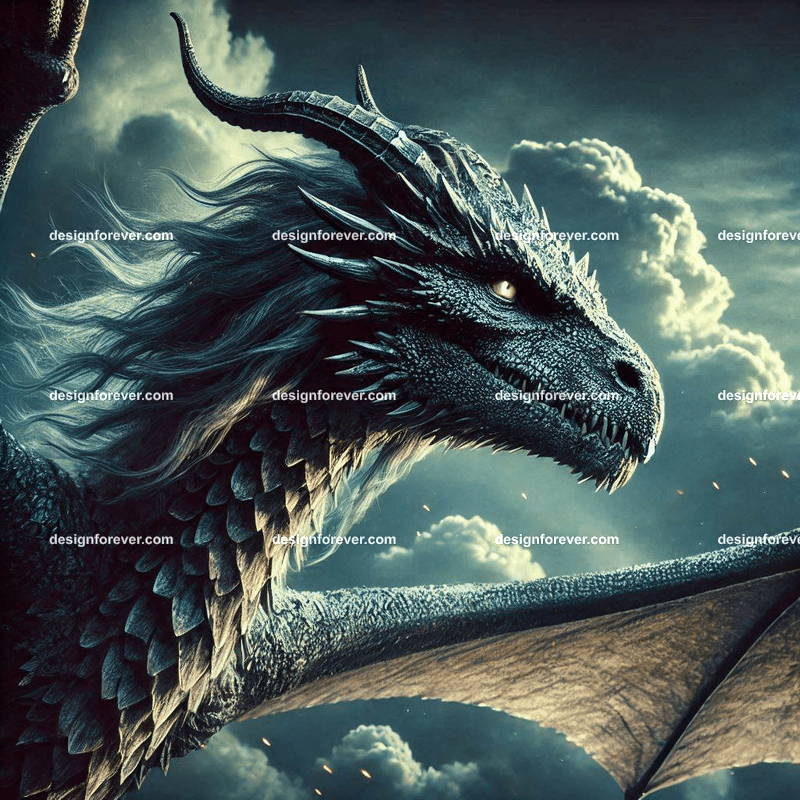 The flight of the dragons above majestic clouds and dark sky