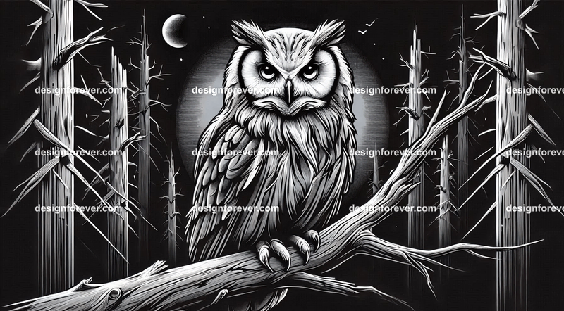 owl on a dead branch in creepy dark woods with dead trees
