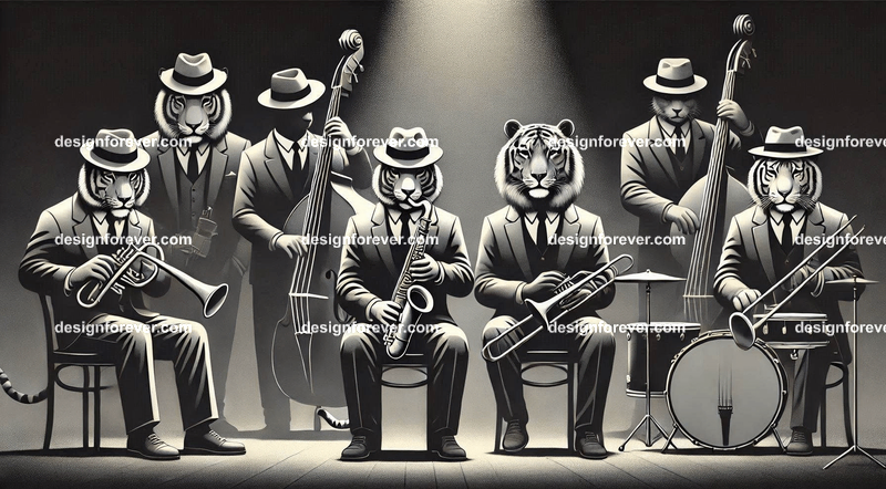 Anthropomorphs tigers and lions as 1920s jazz musicians with suits, fedoras, and instruments in dark smoky room