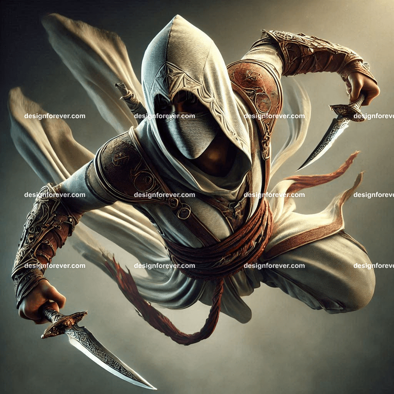 assassin in air with knives