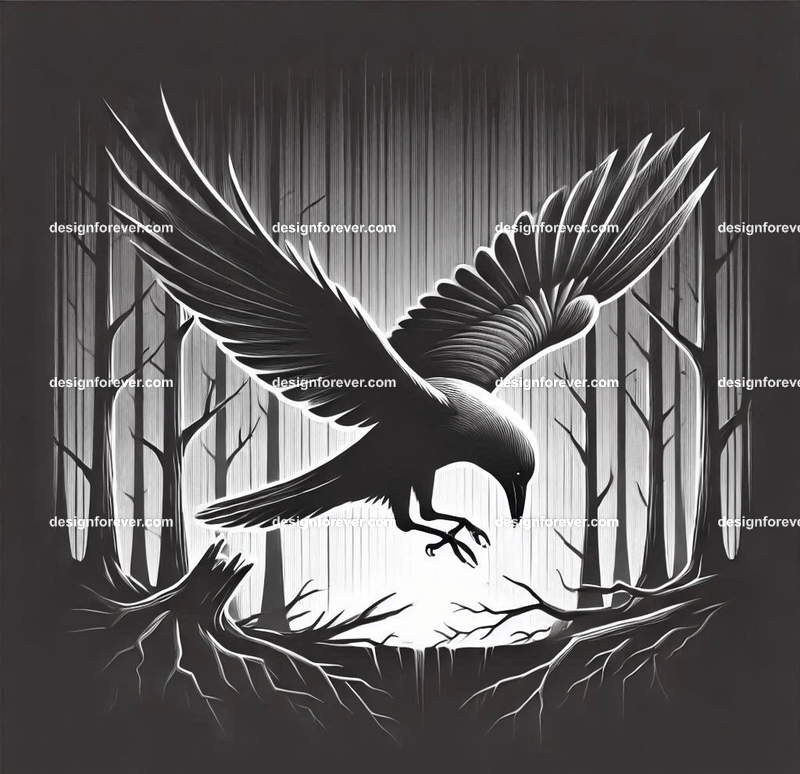 crow flying down towards its prey on ground in dark forest with dead trees