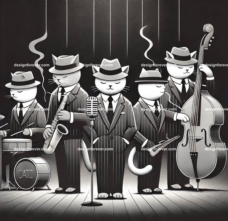 Anthropomorphs cats as 1920s jazz musicians with suits, fedoras, and instruments in dark smoky room