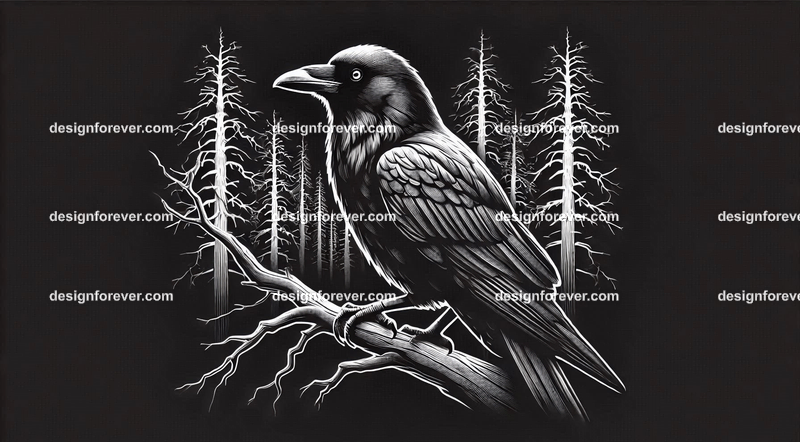 crow on a dead branch in creepy dark woods with dead trees