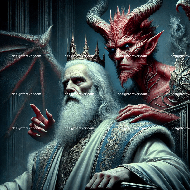 the evil king and his demon advisor in throne room
