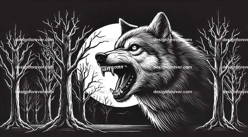 a wolf baring its teeth at you in creepy forest with dead trees