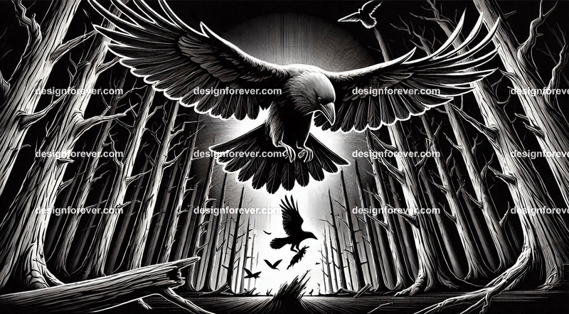 crow flying down towards its prey on ground in dark forest with dead trees