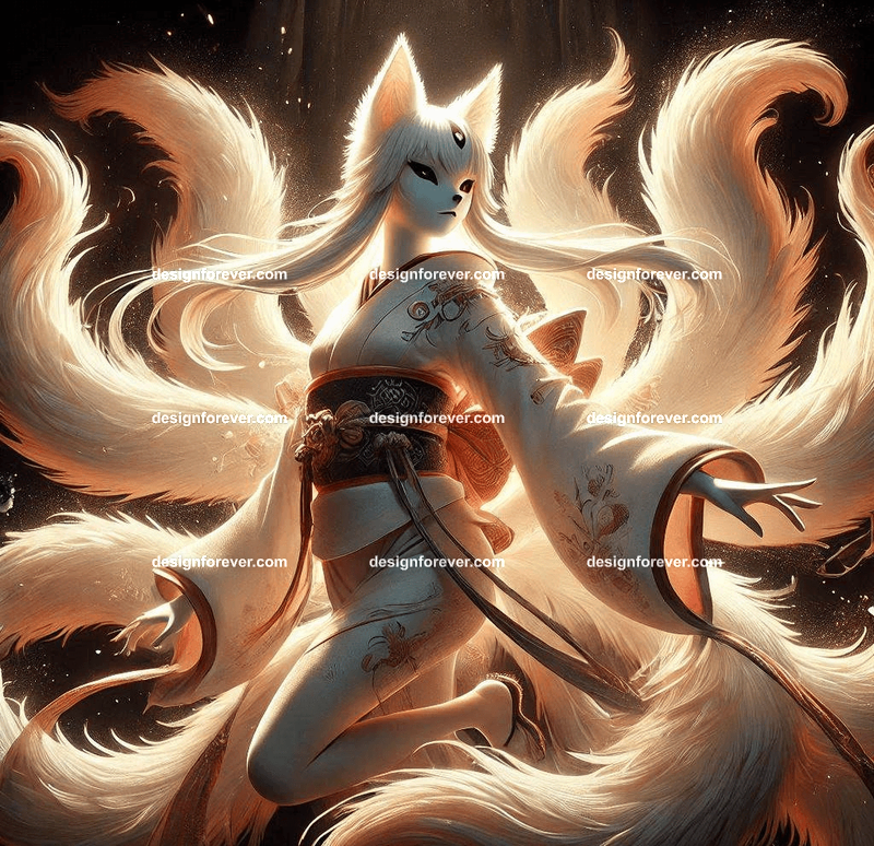 Kitsune in a silk kimono, with multiple tails glowing faintly, surrounded by mystical foxfire