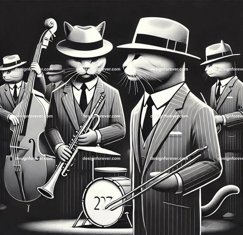 Anthropomorphs as 1920s jazz musicians with suits, fedoras, and instruments