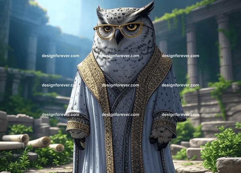 Wise owl wearing glasses and a long robe