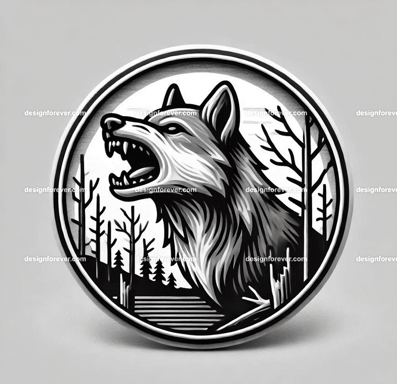 badge depicting A wolf baring its teeth in a creepy forest with dead trees