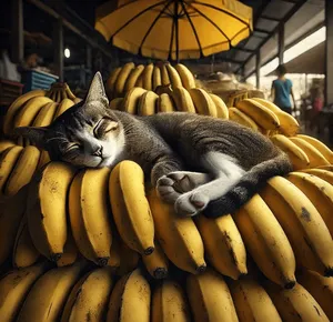 a cat sleeping a pile of bananas