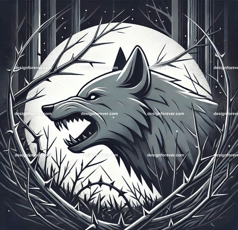 A wolf baring its teeth surrounded by thorn bush in creepy forest