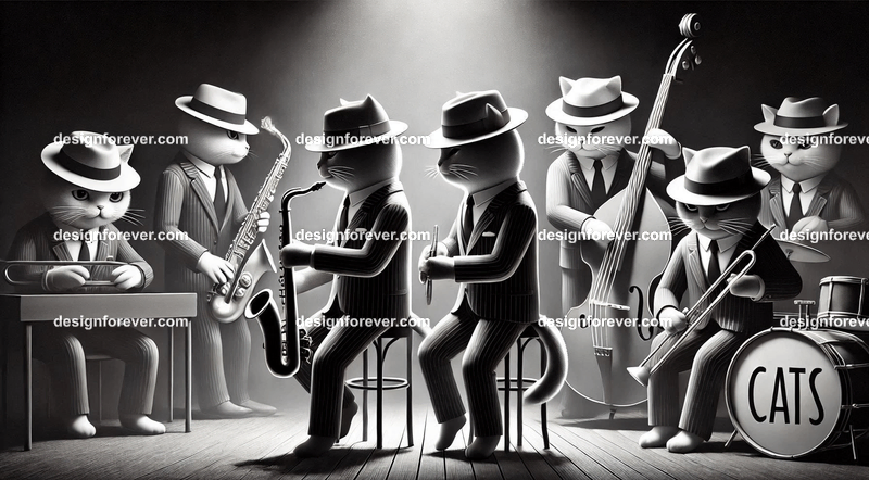 Anthropomorphs cats as 1920s jazz musicians with suits, fedoras, and instruments in dark smoky room