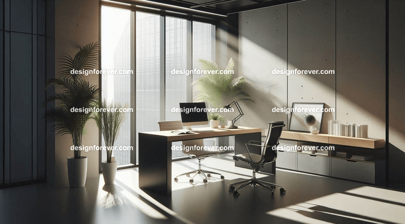 A sleek modern office with a minimalist desk, a potted plant, and soft natural lighting streaming through large windows