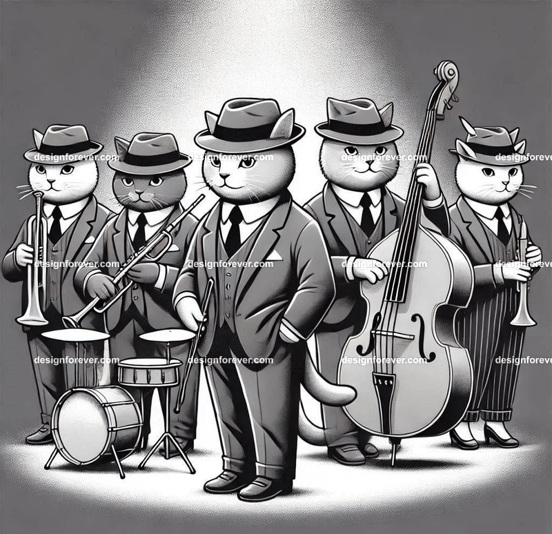 Anthropomorphs as 1920s jazz musicians with suits, fedoras, and instruments