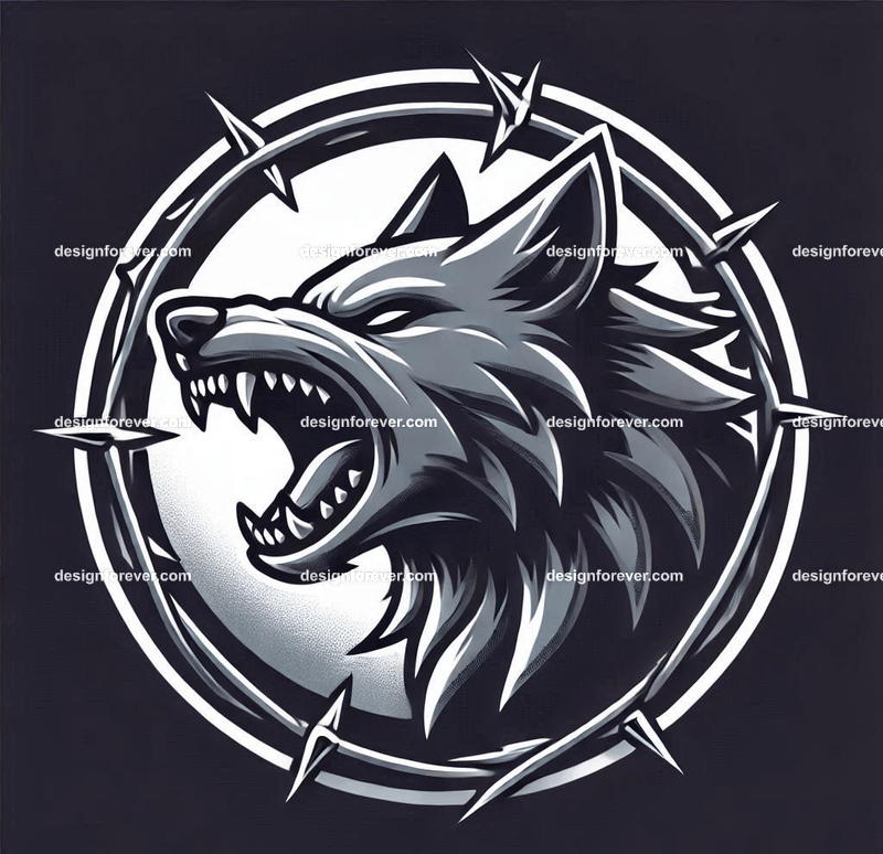 A wolf baring its teeth surrounded by sharp thorns