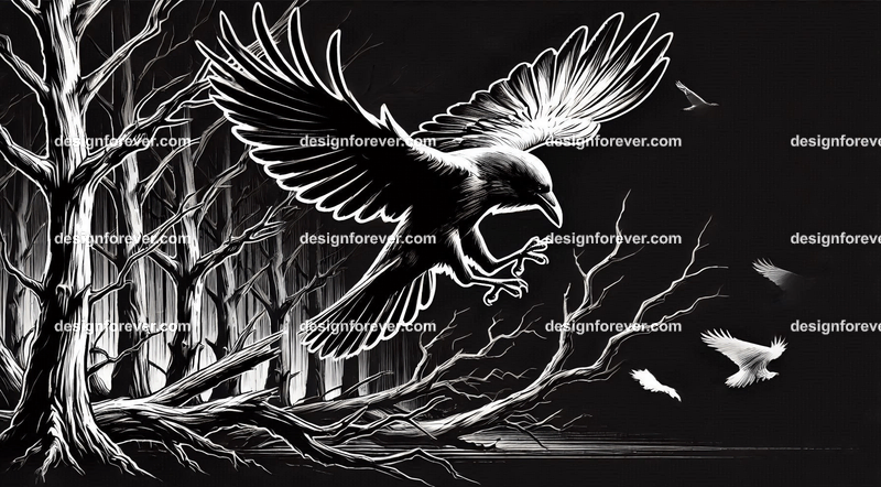 crow flying down towards its prey on ground in dark forest with dead trees