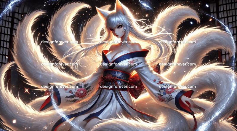 Kitsune in a silk kimono, with multiple tails glowing faintly, surrounded by mystical foxfire