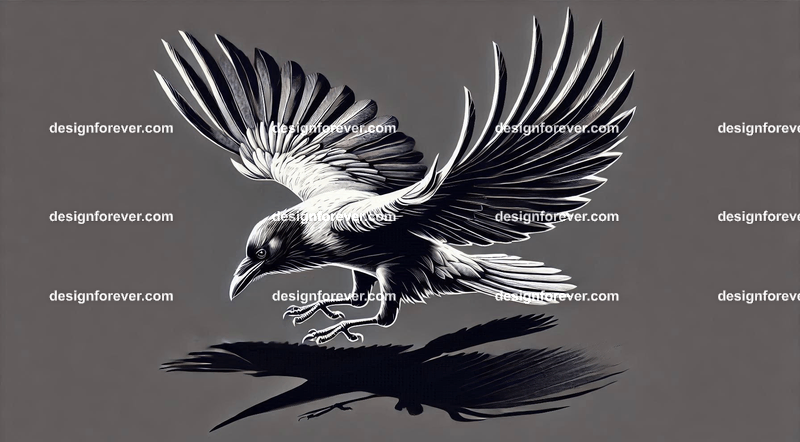 crow flying down towards its prey on ground