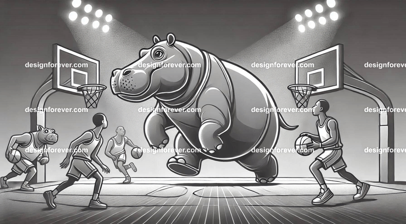 Anthropomorphs hippos as great basketball players