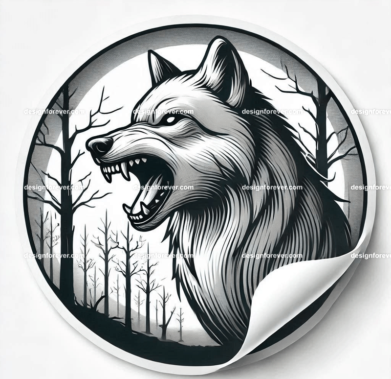 round masking frame depicting A wolf baring its teeth in a creepy forest with dead trees