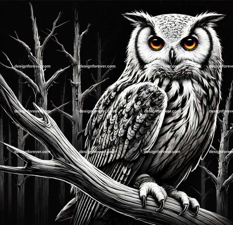 owl on a dead branch in creepy dark woods with dead trees