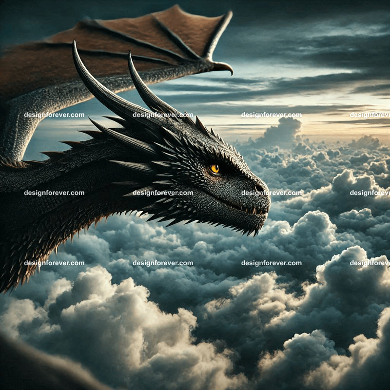 The flight of the dragons above majestic clouds and dark sky