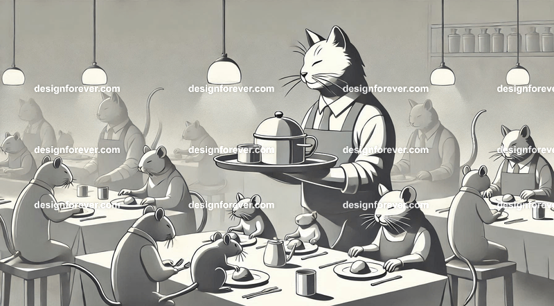 Anthropomorphs cats server food to rat customers at a restaurant
