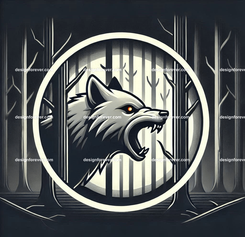 A wolf baring its teeth in a creepy forest with dead trees, barely visible except for its bright eye masked within perfect circle
