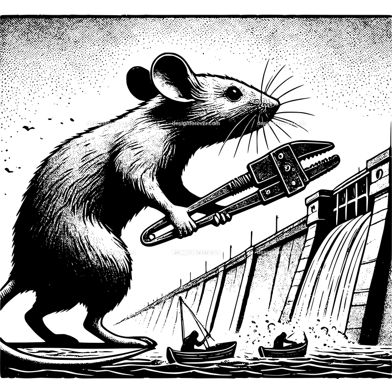 anthromorphic mouse trying to repair big dam