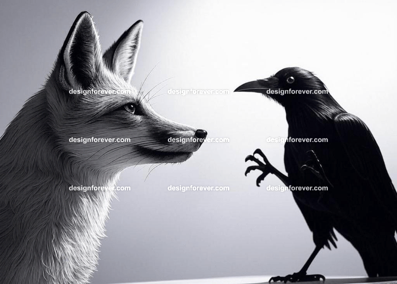 fox having a conversation with a crow trying to trick it