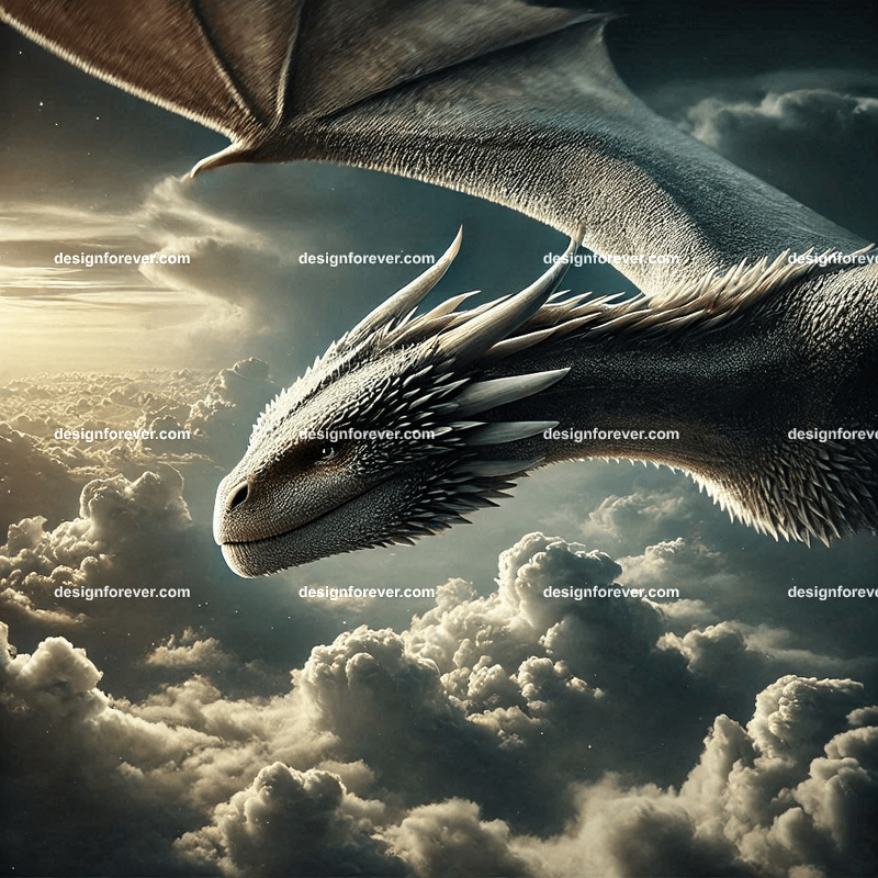 The flight of the dragons above majestic clouds and dark sky
