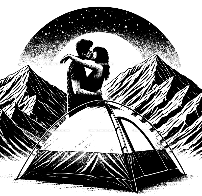 a young couple kissing in tent at night on top of mountains