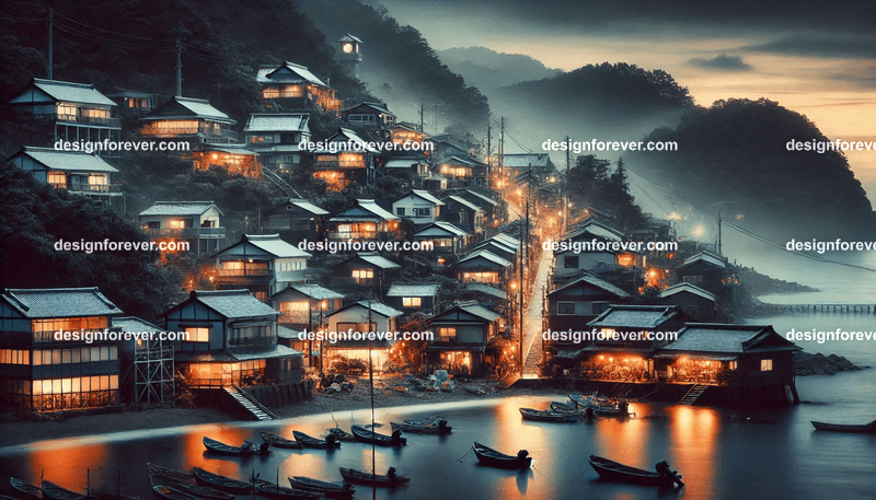 japanese seaside village at night city life extreme contrast
