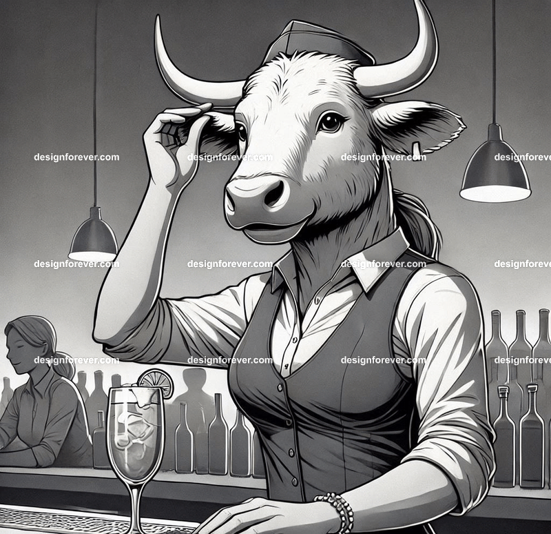 Anthropomorphs ox as bartender