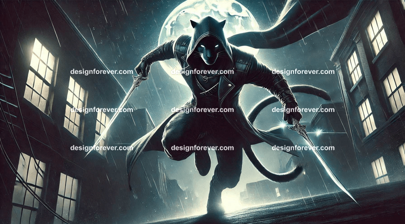 Sleek panther dressed in a dark hooded cloak, dual