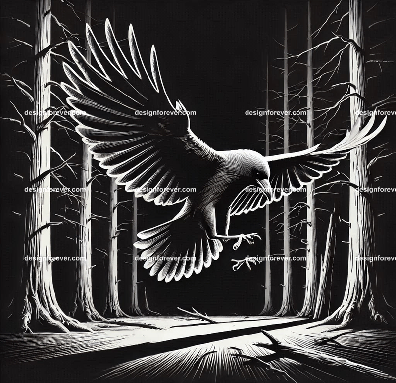 crow flying down towards its prey on ground in dark forest with dead trees