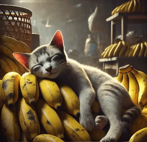 a cat sleeping a pile of bananas