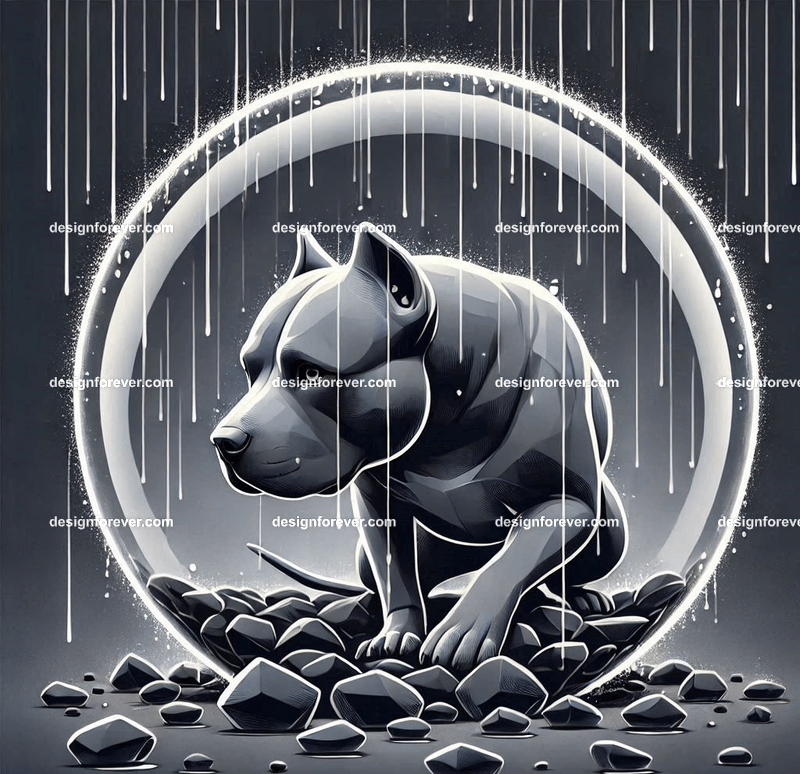 pitbull on dark pebbles inside crystal ball and inside it's raining